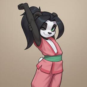1girl animal_ears animal_nose arms_up artist:Spazzle black_hair body_fur brown_background character:Li_Li_Stormstout flat_chest furry furry_female green_eyes long_hair looking_at_viewer one_eye_closed panda_ears ponytail simple_background smile solo stretching tail // 1024x1024 // 65KB