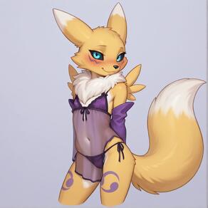 1girl animal_ears animal_nose artist:Spazzle black_sclera blue_eyes blush body_fur character:Renamon closed_mouth colored_sclera cowboy_shot cropped_legs detached_sleeves digimon_(creature) flat_chest fox_ears fox_girl fox_tail furry furry_female leg_tattoo lingerie looking_at_viewer navel neck_fur panties purple_bra purple_panties see-through simple_background smile solo standing tail tattoo two-tone_fur underwear white_fur yellow_fur // 1000x1000 // 71KB