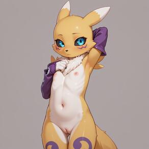 1girl animal_ears animal_nose arm_up armpits artist:Spazzle black_sclera blue_eyes blush body_fur bridal_gauntlets character:Renamon cleft_of_venus closed_mouth colored_sclera cowboy_shot detached_sleeves digimon_(creature) facial_mark flat_chest fox_ears fox_girl fox_tail furry furry_female grey_background hand_on_own_chest hand_up looking_at_viewer navel nipples nude purple_sleeves pussy simple_background snout solo standing stomach tail tattoo two-tone_fur uncensored white_fur yellow_fur // 1024x1024 // 55KB