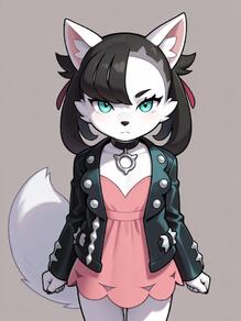 1girl :< animal_ears animal_nose artist:Spazzle asymmetrical_bangs black_choker black_hair black_jacket black_nails character:Marnie_(Pokemon) choker clenched_hands closed_mouth dress furrification furry furry_female hair_ribbon jacket looking_at_viewer open_clothes pink_dress red_ribbon ribbon simple_background solo tail white_fur // 768x1024 // 81KB