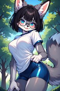 1girl animal_ear_fluff animal_ears artist:furryfunparty black-framed_eyewear black_hair blue_eyes blue_shorts blush breasts character:Gabby fox furry furry_female glasses gym_uniform hand_on_own_thigh large_breasts looking_at_viewer outdoors round_eyewear shirt short_hair shorts smile solo tail tree white_shirt // 512x768 // 168KB