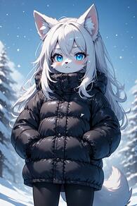 1girl :< animal_ear_fluff animal_ears artist:furryfunparty black_jacket blue_eyes blush character:yuki closed_mouth coat female furry furry_female hands_in_pockets jacket loli long_hair long_sleeves looking_at_viewer outdoors snow snowing solo tail white_fur white_hair wolf young // 512x768 // 109KB