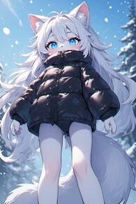 1girl animal_ear_fluff animal_ears artist:furryfunparty black_jacket blue_eyes character:yuki female from_below furry furry_female jacket loli long_hair long_sleeves looking_at_viewer outdoors sky snow snowing solo tail white_hair wolf wolf_girl young // 512x768 // 105KB