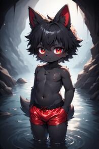 1boy animal_ears artist:furryfunparty black_hair blush character:ash furry furry_male looking_at_viewer male_focus male_swimwear navel nipples red_eyes shorts shota solo swim_trunks tail topless_male water wet // 512x768 // 113KB
