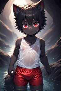 1boy animal_ears artist:furryfunparty black_hair blush character:ash furry furry_male looking_at_viewer male_focus nipples red_eyes red_shorts see-through short_hair shorts shota solo tail tank_top water wet wet_clothes wet_shirt // 512x768 // 123KB