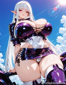 1girl artist:cuccoro blue_sky blunt_bangs boots breasts choker cleavage covered_navel cross-laced_clothes day huge_breasts human leotard long_hair looking_at_viewer outdoors pointy_ears race_queen red_eyes skindentation skirt sky solo thick_thighs thighhighs thighs white_hair zipper // 1568x2016 // 421KB