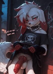 animal_genitalia animal_penis anthro arm_warmers armwear artist:nonimousmate back_alley balls big_penis bottomwear canid canine canine_genitalia canine_penis canis chain clothed clothing clothing_lift collar crossdressing dialogue doggo_ren domestic_dog fangs fluffy fluffy_balls fluffy_tail genitals hi_res jitome looking_at_viewer male mammal mohawk night penis piercing presenting presenting_penis red_eyes skirt skirt_lift slight_blush solo spiked_collar spikes tail teeth vein veiny_penis // 1664x2304 // 137KB