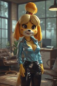 1girl animal_ears artist:furryfunparty black_pants blonde_hair blue_shirt blurry blurry_background blush_stickers breasts brown_eyes chair character:isabelle(animal_crossing) cleavage collared_shirt desk dog_ears dog_girl dog_tail female furry furry_female indoors jewelry lamp leather leather_pants long_sleeves looking_at_viewer necklace pants shiny_clothes shirt shirt_tucked_in short_hair smile solo standing tail topknot window yellow_fur // 512x768 // 121KB