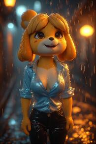 1girl animal_ears arms_at_sides artist:furryfunparty artist_name black_pants blonde_hair blue_shirt blurry blurry_background blush_stickers breasts brown_eyes buttons character:isabelle(animal_crossing) cleavage collared_shirt cowboy_shot dog_ears dog_girl female furry furry_female happy medium_breasts night no_bra open_mouth outdoors pants rain shirt short_hair smile solo standing teeth unbuttoned wet wet_clothes wet_shirt yellow_fur // 512x768 // 132KB