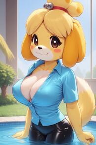 1girl animal_ears artist:furryfunparty bell black_pants blonde_hair blue_shirt blush_stickers breasts brown_eyes character:isabelle(animal_crossing) cleavage closed_mouth collarbone collared_shirt day dog_ears dog_girl dog_tail female furry furry_female hair_bell hair_ornament indoors jingle_bell large_breasts looking_at_viewer no_bra pants pool shirt short_hair short_sleeves smile solo tail topknot wading water wet wet_clothes // 512x768 // 114KB