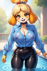 1girl animal_ears artist:furryfunparty bell black_choker black_pants blonde_hair blue_shirt blurry blurry_background blush breasts brown_eyes character:isabelle(animal_crossing) choker cleavage collarbone collared_shirt covered_nipples day dog_ears dog_girl dog_tail female furry furry_female hair_bell hair_ornament jingle_bell large_breasts long_sleeves looking_at_viewer nipples no_bra open_mouth outdoors pants pool see-through see-through_shirt shiny_clothes shirt shirt_tucked_in short_hair smile solo tail teeth topknot tree wading water wet wet_clothes wet_shirt // 512x768 // 152KB