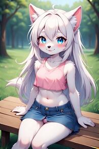 1girl ahoge animal_ear_fluff animal_ears artist:furryfunparty bench blue_eyes blue_skirt blush body_fur breasts character:yuki collarbone crop_top denim denim_skirt furry furry_female loli long_hair looking_at_viewer midriff miniskirt navel outdoors panties pantyshot pink_tank_top sitting skirt small_breasts smile solo striped_clothes striped_panties tail underwear white_hair wolf young // 512x768 // 129KB