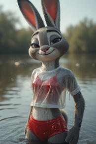 1girl animal_ears animal_nose artist:furryfunparty bikini blurry blurry_background body_fur breasts character:judy_hopps day furry furry_female grey_fur looking_at_viewer outdoors rabbit_ears rabbit_girl red_bikini red_eyes see-through shirt small_breasts smile solo swimsuit tail wading water wet wet_clothes wet_shirt // 512x768 // 273KB