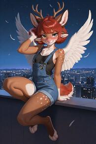 1girl 4ears antlers artist:aecii_3d blush character:rubi(aecii_3d) chimera deer_spots denim digitigrade feathers fox_tail green_eyes night night_sky outdoors overalls pink_nose red_hair shorts tanktop wings:feathered // 1024x1536 // 147KB
