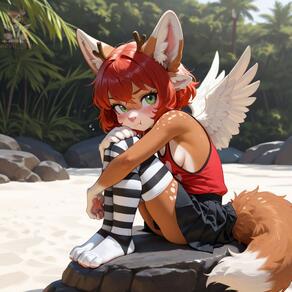 1girl 4ears :t antlers artist:aecii_3d character:rubi(aecii_3d) daytime deer fox_tail green_eyes outdoors red_hair side_boob skirt spots tanktop thighhighs thighhighs:striped wings wings:feathered // 1024x1024 // 131KB