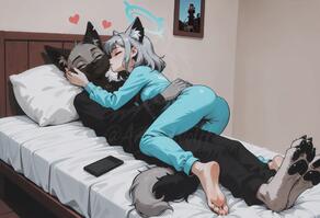 (artwork) 4 5 angel animal anthro artist:arturo_wolff_(artist) back background barefoot bed bedding bedroom black blue body bottomwear butt canid canine canis cellphone character:arturo_wolff character:shiroko_(blue_archive) claws closed clothed clothing couple cuddling detailed digital digitigrade distracting dog domestic duo ear electronics eyebrows eyes feet female fingers fluff fully fur furniture german grey hair halo heart herding hindpaw hug humanoid inner inside kissing lying male malefemale mammal media multicolored on pajamas pants pastoral pawpads paws phone piercing pillow plantigrade questionable romantic safe shepherd smartphone smile soles symbol tail toe toes top topwear tuft watermark white wolf // 2048x1399 // 101KB