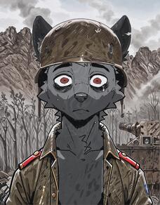 (artwork) anthro armor artist:arturo_wolff_(artist) at background black bodily body camo canid canine canis character:arturo_wolff clothed clothing cloud day detailed digital ear eyebrows eyes flag fluids front fur green grey headgear helmet jacket looking male mammal media military mountain nose notched open outside plant portrait ranged red safe sky smoke soldier solo sweat tears topwear tree tuft uniform vehicle view viewer warrior weapon wolf // 1920x2464 // 318KB