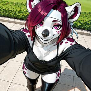 artist:foxxehkins character:roux red_hair short_hair small_breasts spots sweater thighhigh_boots white_fur // 1024x1024 // 180KB