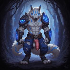 1boy abs animal_ears armor bara belt blue_eyes forest full_body furry furry_male glowing glowing_eyes looking_at_viewer male_focus muscular muscular_male pants pauldrons pectorals penis shoulder_armor solo standing tail testicles torn_clothes torn_pants tree uncensored wolf_boy // 768x768 // 137KB