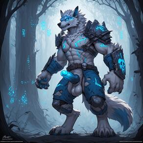 1boy abs animal_ears armor bara claws erection forest full_body furry furry_male glowing glowing_eyes large_pectorals male_focus muscular muscular_male nature nipples outdoors pauldrons pectorals penis shoulder_armor solo standing tail testicles torn_clothes tree uncensored wolf_boy wolf_ears wolf_tail // 768x768 // 163KB