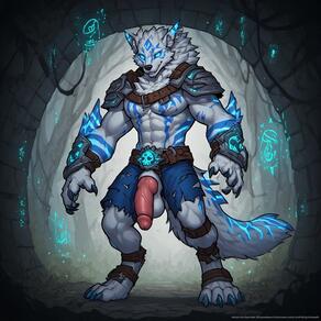 1boy abs animal_ears bara belt claws flaccid full_body furry furry_male glowing glowing_eyes male_focus muscular muscular_male nipples pectorals penis shoulder_armor solo standing tail testicles torn_clothes uncensored wolf_boy // 768x768 // 154KB