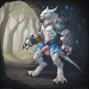 1boy abs bara claws full_body furry furry_male male_focus muscular muscular_male nipples pectorals penis shoulder_armor solo standing tail torn_clothes torn_pants uncensored wolf_boy // 768x768 // 143KB