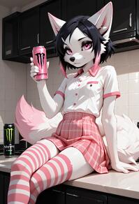 artist:foxxehkins character:lymm flat_chested legs_crossed plaid plaid_skirt school_girl skirt tail thighhighs thighhighs:striped white_fur // 1328x1944 // 290KB