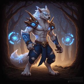 1boy abs belt blue_eyes claws forest full_body furry furry_male glowing glowing_eyes male_focus muscular muscular_male nature pants pectorals shoulder_armor solo tail torn_clothes torn_pants tree wolf_boy wolf_tail // 768x768 // 132KB