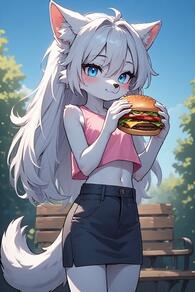1girl ahoge animal_ear_fluff animal_ears artist:furryfunparty black_skirt blue_eyes blush body_fur burger character:yuki crop_top eating female food furry furry_female holding holding_food loli long_hair looking_at_viewer midriff navel outdoors pencil_skirt shirt skirt sky solo tail white_fur white_hair wolf young // 512x768 // 99KB