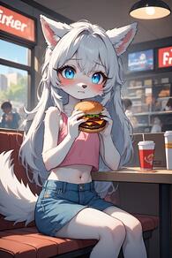 1girl animal_ears artist:furryfunparty blue_eyes blue_shorts blush body_fur burger character:yuki cup denim denim_shorts denim_skirt female food furry furry_female holding holding_food indoors loli long_hair looking_at_viewer midriff navel shirt shorts sitting skirt solo_focus tail white_hair wolf young // 512x768 // 105KB