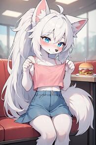 1girl ahoge animal_ears artist:furryfunparty blue_eyes blue_shorts blush body_fur burger character:yuki denim denim_skirt female food furry furry_female indoors loli long_hair ponytail shorts sitting skirt smile solo tail white_fur white_hair wolf young // 512x768 // 102KB