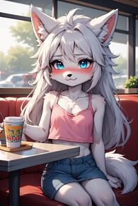 1girl ahoge animal_ear_fluff animal_ears artist:furryfunparty blue_eyes blue_shorts blush body_fur breasts character:yuki crop_top cup denim denim_skirt disposable_cup female furry furry_female indoors loli long_hair looking_at_viewer shorts sitting skirt small_breasts smile solo tail white_fur white_hair wolf wolf_tail young // 512x768 // 108KB