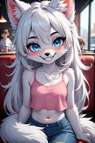 1girl animal_ear_fluff animal_ears animal_nose artist:furryfunparty blue_eyes blue_shorts blush body_fur breasts character:yuki collarbone crop_top denim denim_shorts female furry furry_female grey_fur grin loli long_hair looking_at_viewer midriff navel shorts sitting small_breasts smile solo_focus tail white_fur white_hair wolf wolf_tail young // 512x768 // 107KB