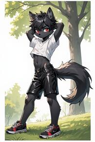 1boy animal_ears arms_behind_head artist:furryfunparty black_hair black_shorts character:ash full_body furry furry_male grass male_focus navel outdoors red_eyes shirt shoes shorts solo standing tail tree white_shirt wolf_boy // 512x768 // 100KB