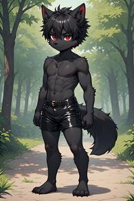 1boy animal_ears artist:furryfunparty black_hair black_shorts character:ash forest full_body furry furry_male looking_at_viewer male_focus nature navel nipples outdoors red_eyes shorts solo tail topless_male tree wolf_boy // 512x768 // 101KB