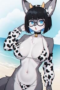 1girl animal_ears animal_print artist:furryfunparty beach bell bikini black-framed_eyewear black_hair blue_eyes body_fur breasts character:Gabby choker cow_print cow_print_bikini cowbell detached_sleeves female furry furry_female glasses grey_fur horns large_breasts looking_at_viewer navel neck_bell ocean open_mouth outdoors print_bikini short_hair solo swimsuit tail // 512x768 // 95KB