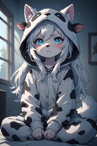 1girl animal_ears animal_print artist:furryfunparty blue_eyes character:yuki cow_print furry furry_female hood hood_up indoors loli long_hair long_sleeves looking_at_viewer sitting solo tail white_hair window wolf young // 512x768 // 98KB