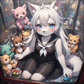 1girl animal_ear_fluff animal_ears artist:furryfunparty black_dress blue_eyes blush character:yuki crane_game dress furry furry_female loli long_hair looking_at_viewer sailor_collar sitting sleeveless sleeveless_dress solo stuffed_animal stuffed_toy tail teddy_bear white_hair wolf young // 768x768 // 166KB