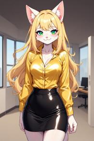 1girl animal_ear_fluff animal_ears artist:furryfunparty black_skirt blonde_hair breasts cat cat_ears cat_girl character:Kitty_Karmine cleavage furry furry_female green_eyes indoors long_hair long_sleeves looking_at_viewer medium_breasts pencil_skirt shirt shirt_tucked_in skirt smile solo whiskers yellow_shirt // 512x768 // 128KB