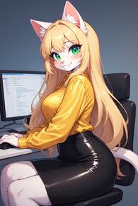 1girl animal_ear_fluff animal_ears artist:furryfunparty black_skirt blonde_hair blush body_fur breasts cat cat_ears cat_girl cat_tail chair character:Kitty_Karmine closed_mouth furry furry_female green_eyes keyboard_(computer) large_breasts long_hair long_sleeves looking_at_viewer monitor pencil_skirt shirt sitting skirt smile solo tail yellow_shirt // 512x768 // 125KB