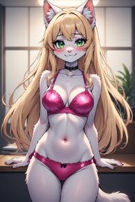 1girl animal_ear_fluff animal_ears artist:furryfunparty blonde_hair blush body_fur bra breasts cat_girl character:Kitty_Karmine cleavage furry furry_female green_eyes long_hair looking_at_viewer medium_breasts navel panties pink_bra pink_panties smile solo tail underwear underwear_only white_fur // 512x768 // 142KB