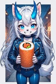 1girl animal_ears artist:furryfunparty belt blue_eyes blue_horns blush character:yuki food furry furry_female grin holding horns jacket leather leather_jacket loli long_hair looking_at_viewer pants smile solo tail teeth young // 512x768 // 134KB