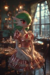 1girl apron artist:furryfunparty blurry blurry_background bob_cut character:gardevoir closed_mouth clothed_pokemon colored_skin dress green_hair hair_over_one_eye indoors maid maid_headdress own_hands_together plate pokemon pokemon_(creature) puffy_short_sleeves puffy_sleeves red_dress red_eyes satin short_hair short_sleeves smile solo standing table white_skin window // 512x768 // 125KB