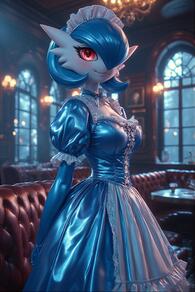 1girl alternate_color artist:furryfunparty blue_dress blue_hair blue_skin blurry blurry_background blush bob_cut breasts character:gardevoir closed_mouth clothed_pokemon colored_skin dress frills hair_over_one_eye happy indoors looking_at_viewer maid maid_headdress medium_breasts pokemon pokemon_(creature) puffy_short_sleeves puffy_sleeves red_eyes satin shiny_clothes shiny_pokemon short_hair short_sleeves smile solo standing table white_skin window // 512x768 // 152KB