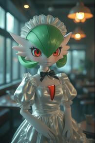 1girl artist:furryfunparty black_bow black_bowtie blurry blurry_background blush bob_cut bow bowtie breasts character:gardevoir closed_mouth clothed_pokemon colored_skin detached_collar dress elbow_gloves gloves green_hair hair_between_eyes indoors looking_at_viewer maid maid_headdress pokemon pokemon_(creature) puffy_short_sleeves puffy_sleeves red_eyes satin short_hair short_sleeves small_breasts solo standing white_dress white_gloves white_skin // 512x768 // 110KB