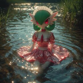 1girl artist:furryfunparty blurry bob_cut bow bowtie character:gardevoir closed_mouth clothed_pokemon colored_skin dress frills grass green_hair hair_between_eyes looking_at_viewer maid maid_headdress outdoors partially_submerged pink_dress pokemon pokemon_(creature) puffy_short_sleeves puffy_sleeves red_eyes satin short_hair short_sleeves sitting smile solo water white_skin // 768x768 // 211KB