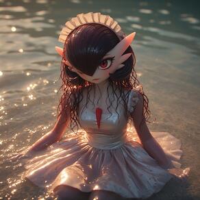 1girl alternate_hair_length artist:furryfunparty black_hair blurry blush breasts character:gardevoir closed_mouth colored_skin dress hair_over_one_eye long_hair maid maid_headdress medium_breasts necklace one_eye_covered outdoors partially_submerged pokemon pokemon_(creature) red_eyes satin see-through sitting sleeveless sleeveless_dress solo water wet wet_clothes white_dress white_skin // 768x768 // 193KB