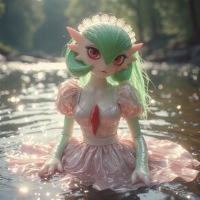 1girl artist:furryfunparty blurry blurry_background breasts character:gardevoir closed_mouth colored_skin dress elbow_gloves gloves green_hair green_skin hair_between_eyes looking_at_viewer maid outdoors partially_submerged pink_dress pokemon pokemon_(creature) puffy_short_sleeves puffy_sleeves red_eyes satin see-through short_sleeves solo water wet wet_clothes // 768x768 // 196KB