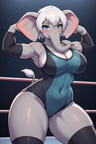 1girl animal_ears armpits artist:furryfunparty black_thighhighs blue_eyes blush breasts cleavage covered_navel detached_sleeves furry furry_female large_breasts looking_at_viewer mouse_ears mouse_girl mouse_tail one-piece_swimsuit short_hair solo tail thick_thighs thighhighs thighs white_hair // 512x768 // 72KB