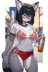 1girl animal_ear_fluff animal_ears artist:furryfunparty bikini black_hair blue_eyes blush bottle breasts buruma character:Gabby female fox furry furry_female glasses holding holding_bottle large_breasts navel red_buruma see-through see-through_shirt shirt short_hair solo swimsuit tail wet wet_clothes wet_shirt white_shirt wolf_girl // 512x768 // 81KB
